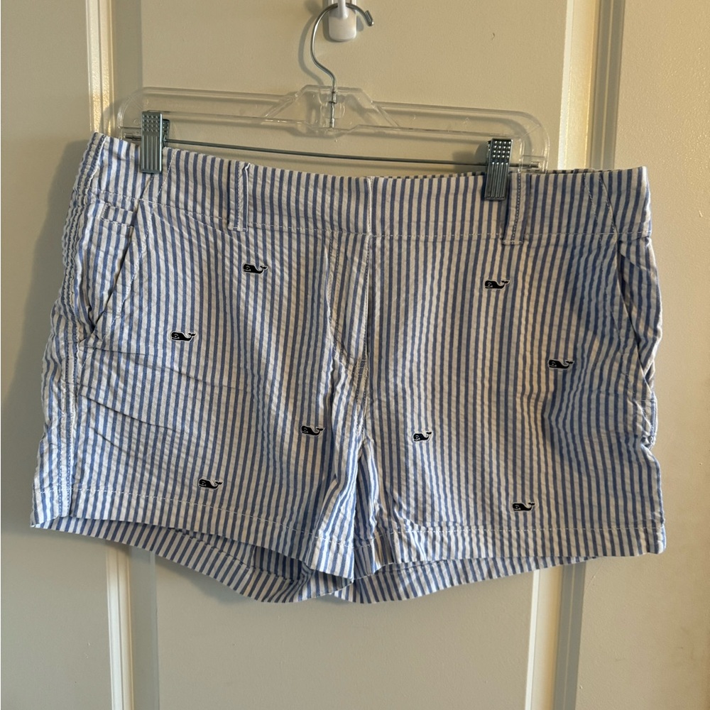 Vineyard Vines Blue & White Seersucker Whale-Embroidered Shorts